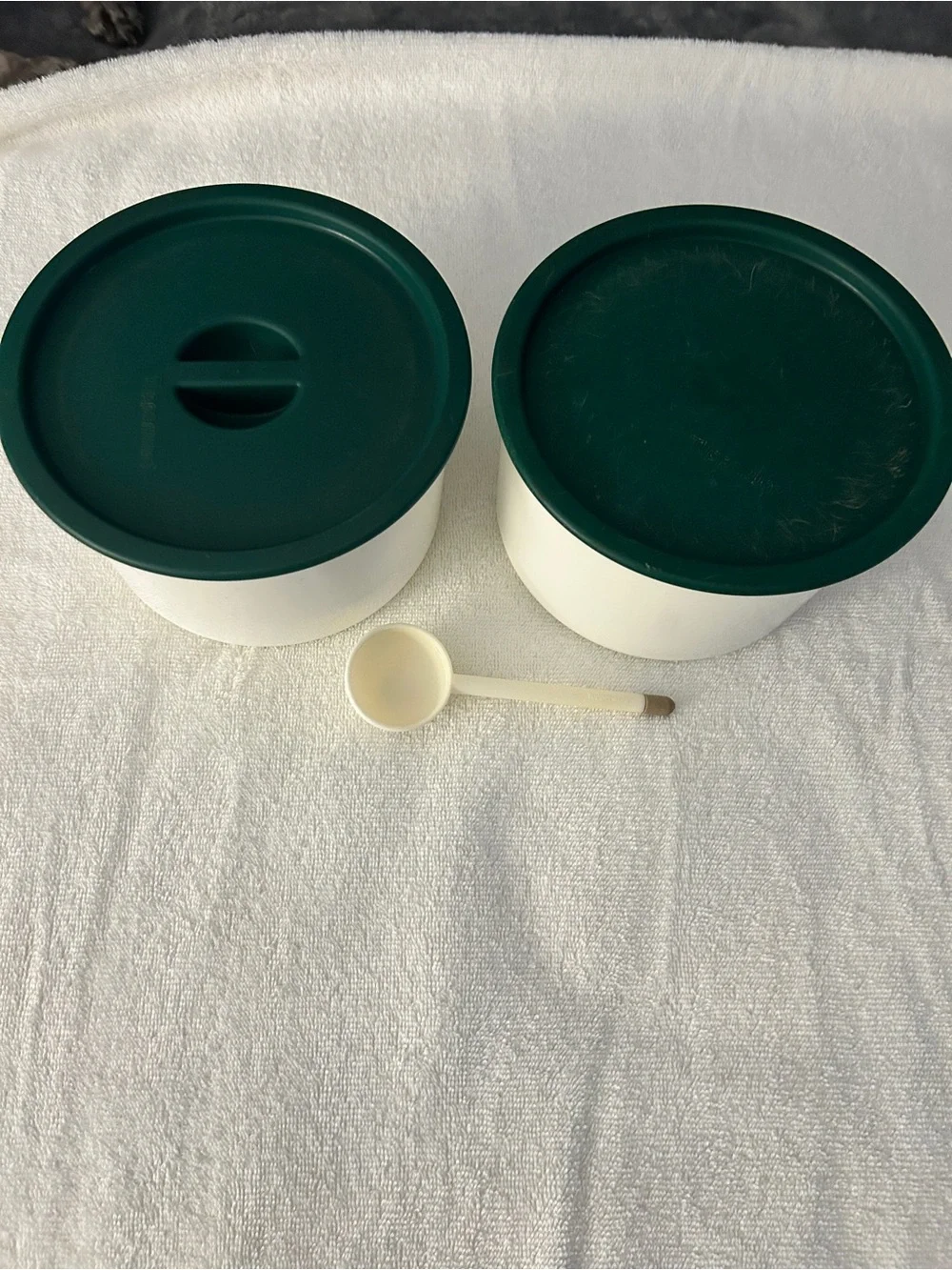 Vintage Tupperware White Pantry Canisters with Green Lids and Scoop